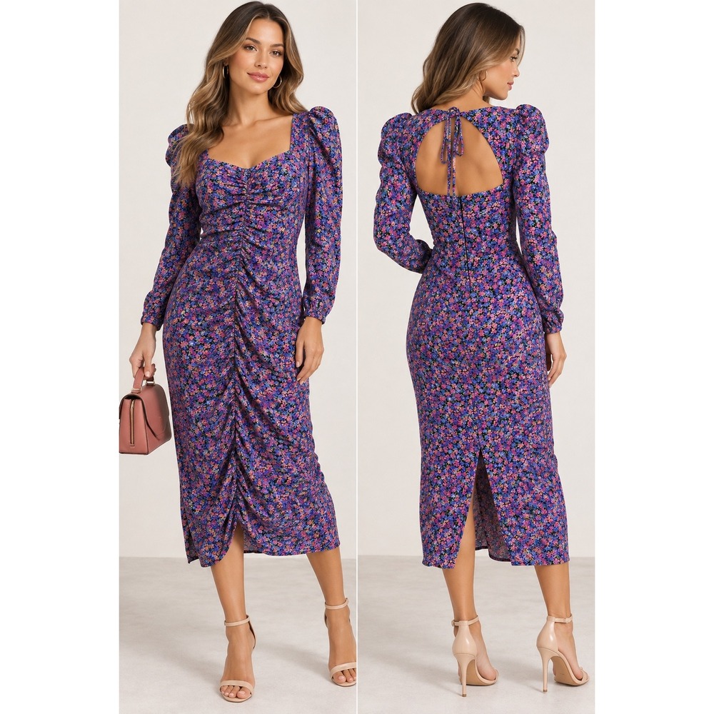 ZARA Floral Ruched Puff Sleeve Open Back Midi Dress XS